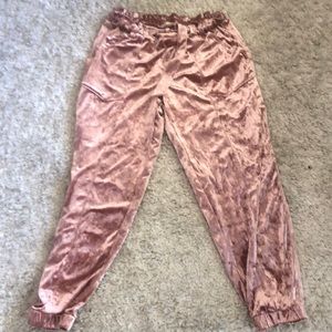 Rose pink crushed velvet joggers